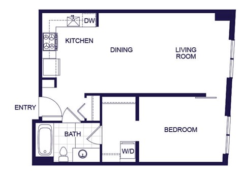 A floor plan of a one bedroom apartment with a living room, dining room, kitchen, bedroom, and bathroom.